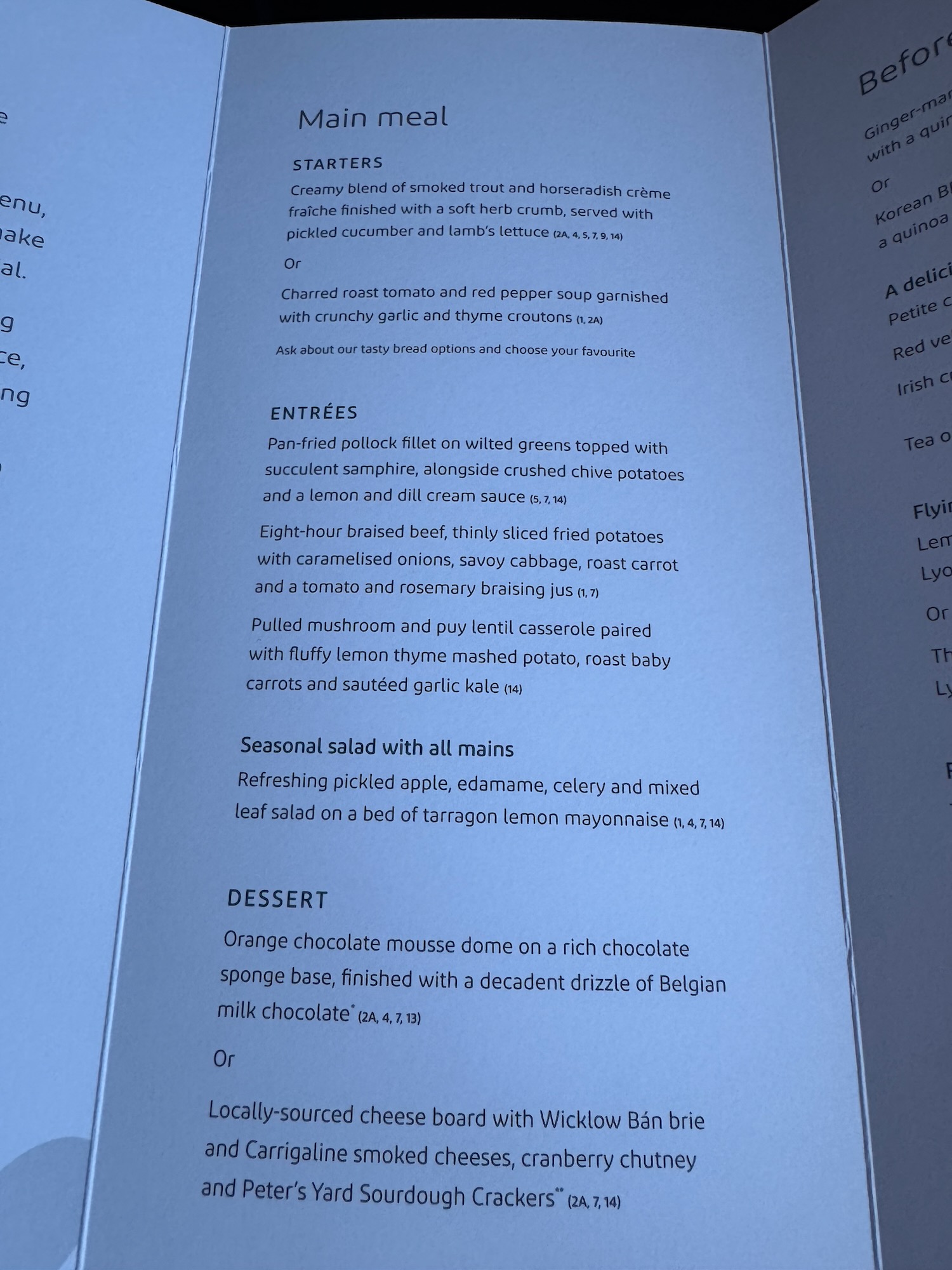a menu with black text