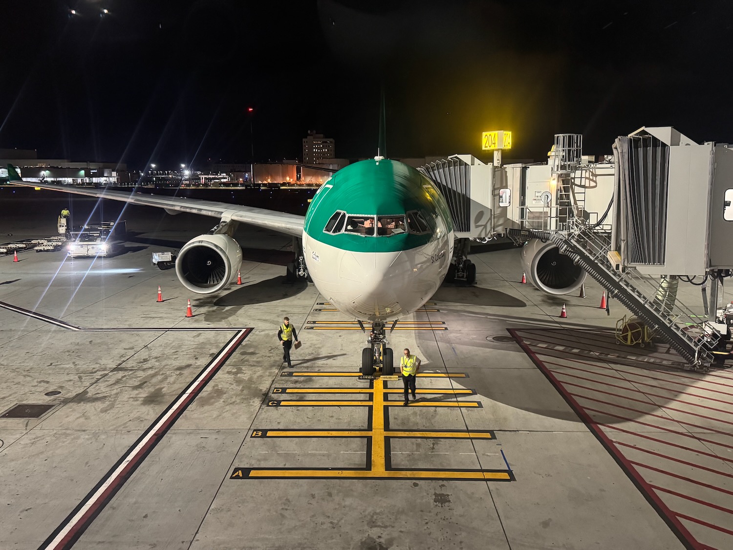a plane on the tarmac at night
