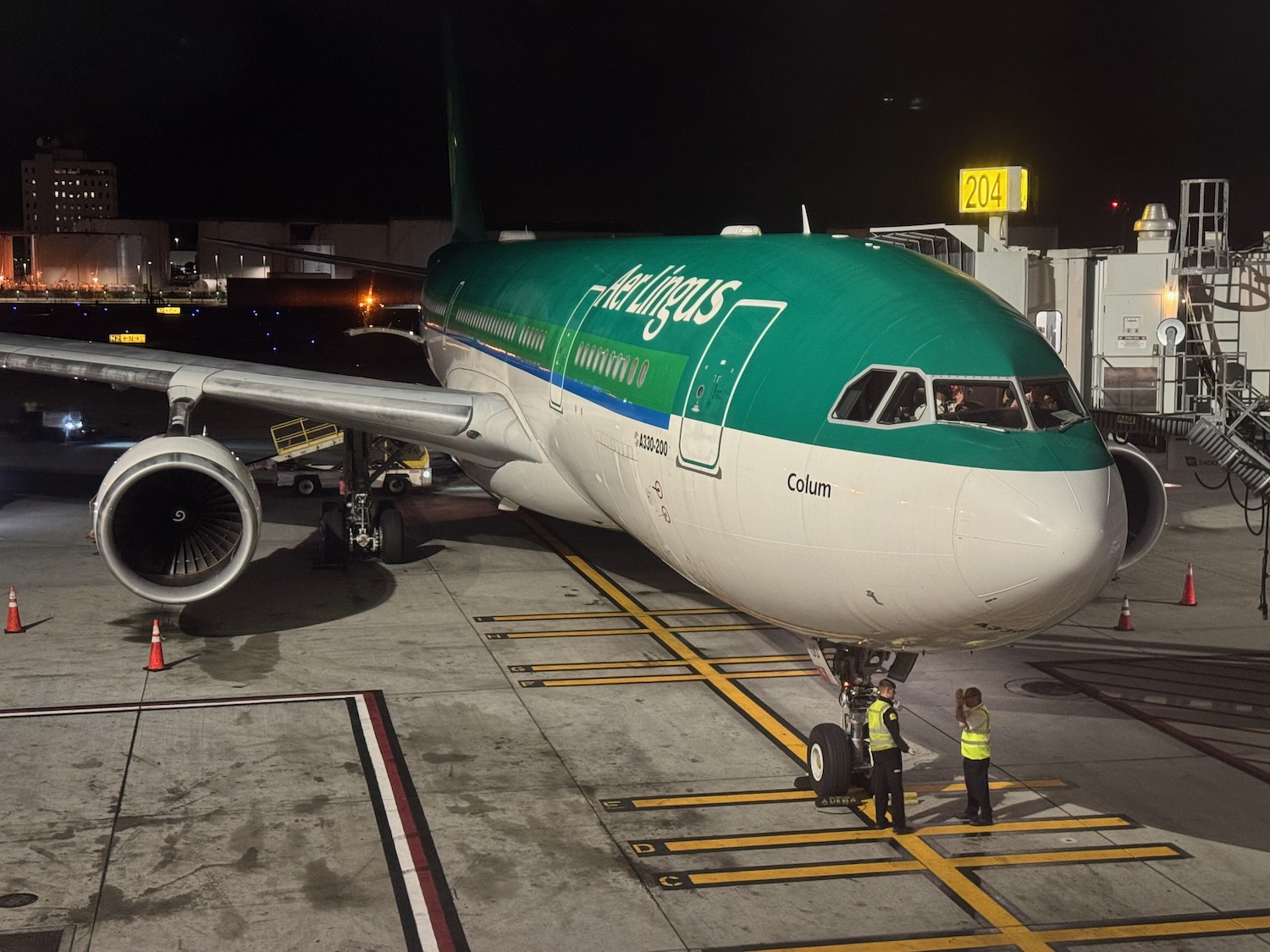 a plane on the tarmac at night