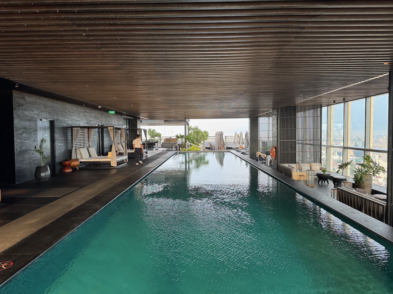 a pool with a view of a city