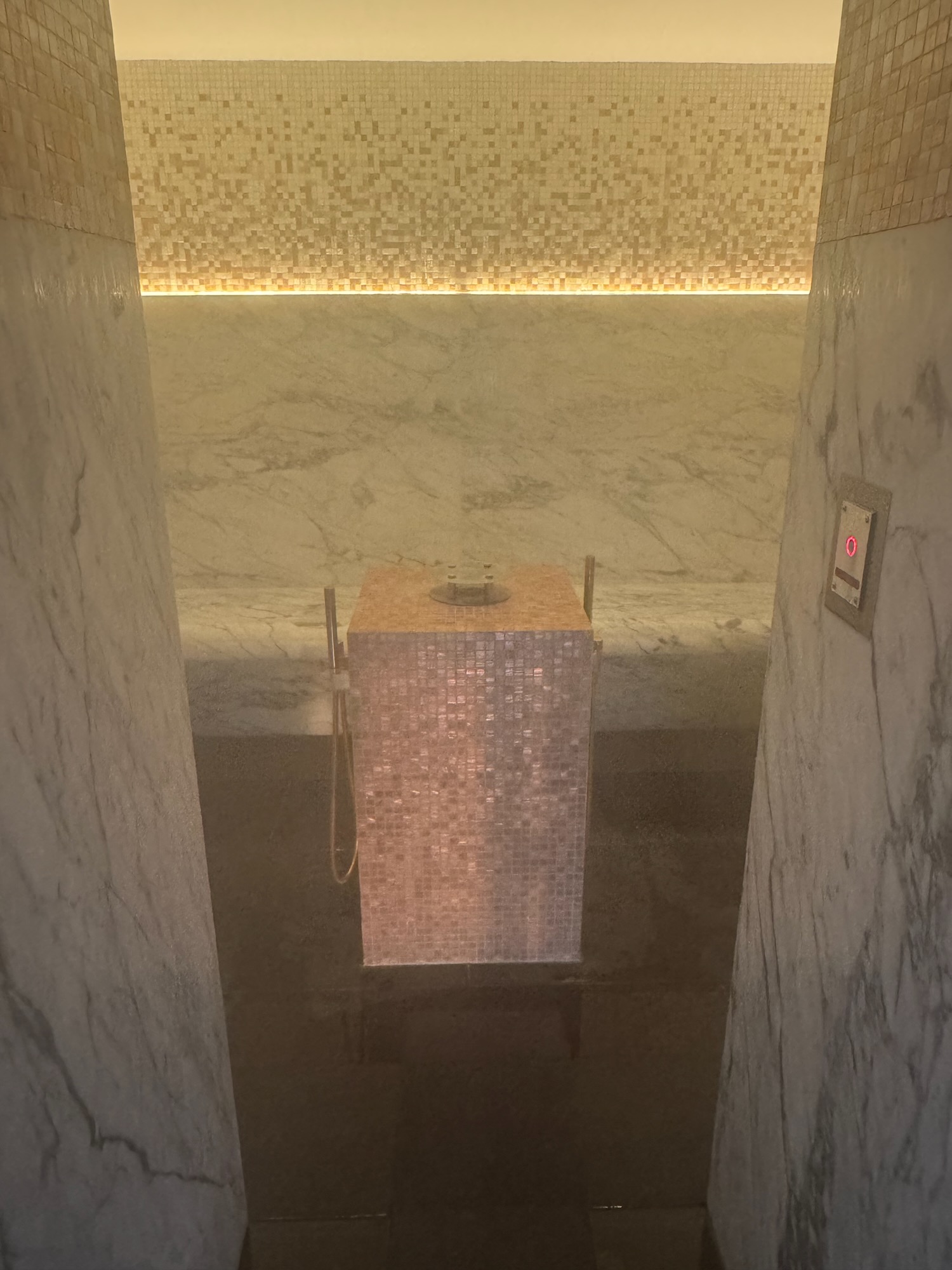 a shower with a tile floor