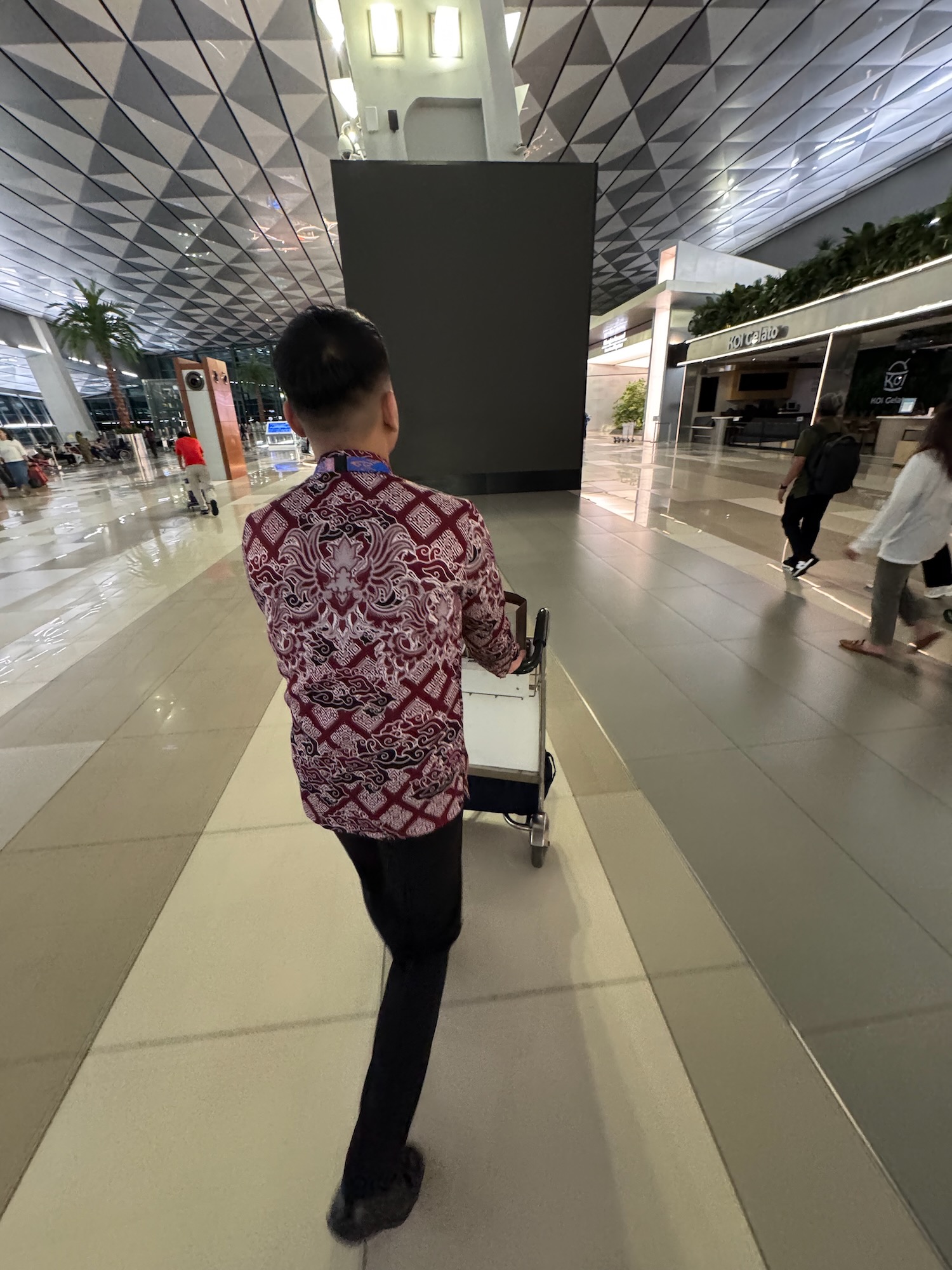 a person pushing a cart in a large airport