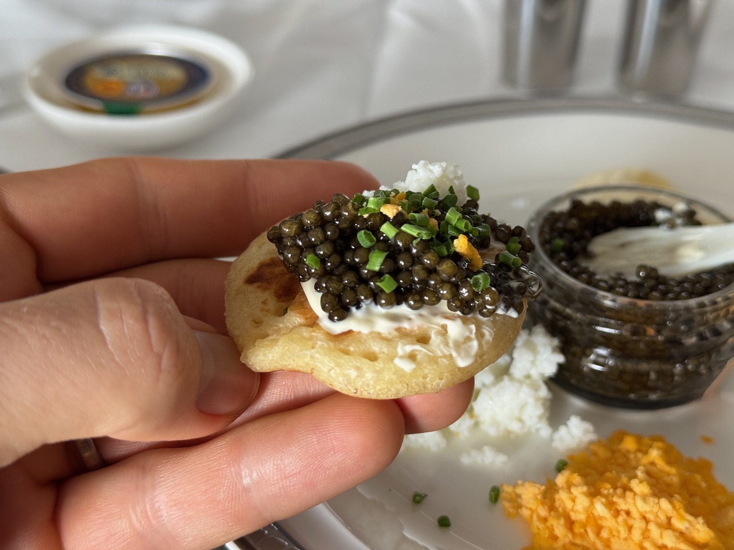 a hand holding a small round object with black caviar on top