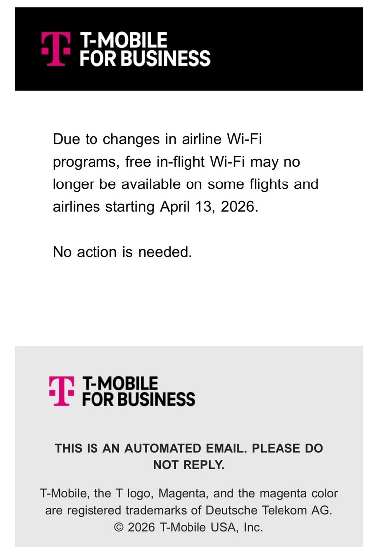 T-Mobile United inflight Wi-Fi removed