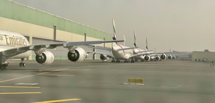 Emirates Airbus A380s stacked