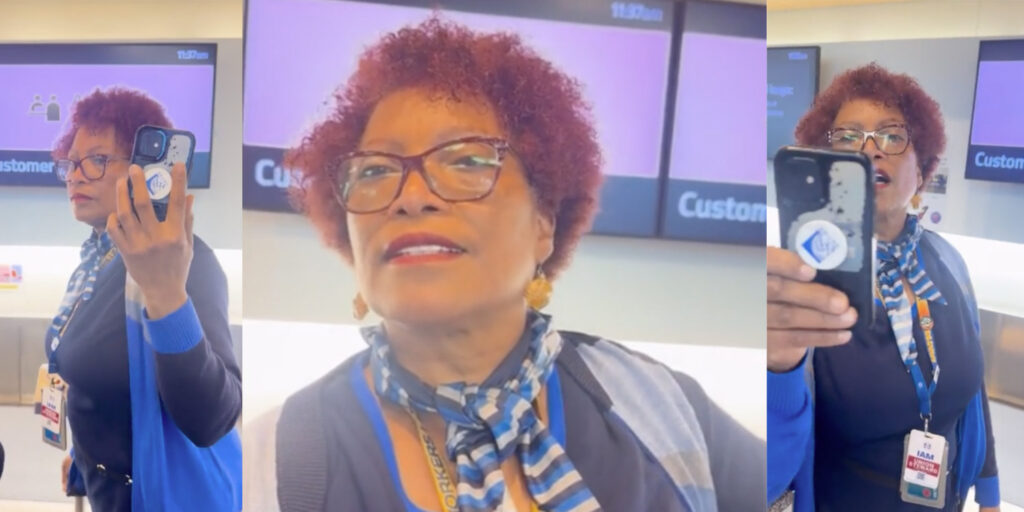 United Airlines employee confrontation at San Francisco International Airport ticket counter.